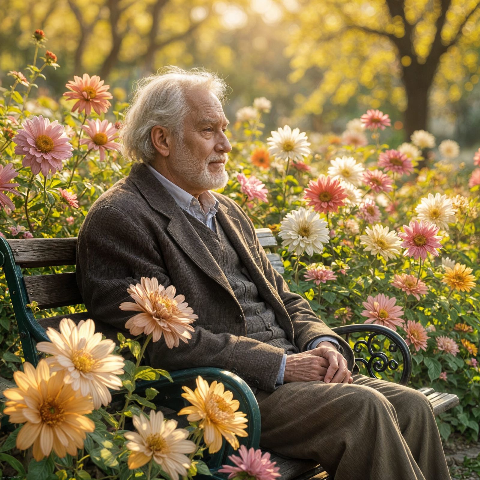 Old Man Contemplating Amidst Oversized Flowers in Golden Hou...
