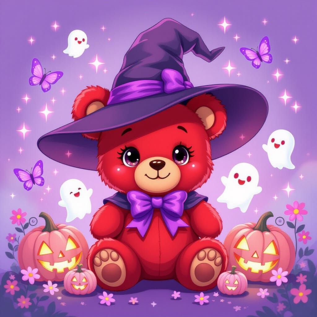 Charming Red Teddy Bear Witch with Rainbow Sparkles
