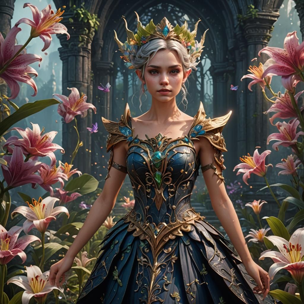 Pixie Queen in Lily Dress: Detailed Fantasy Art