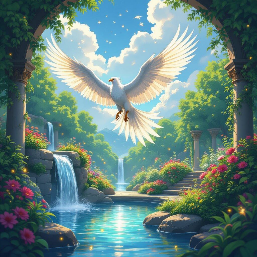 Griffin Soaring Above a Hidden Garden in Anime Style