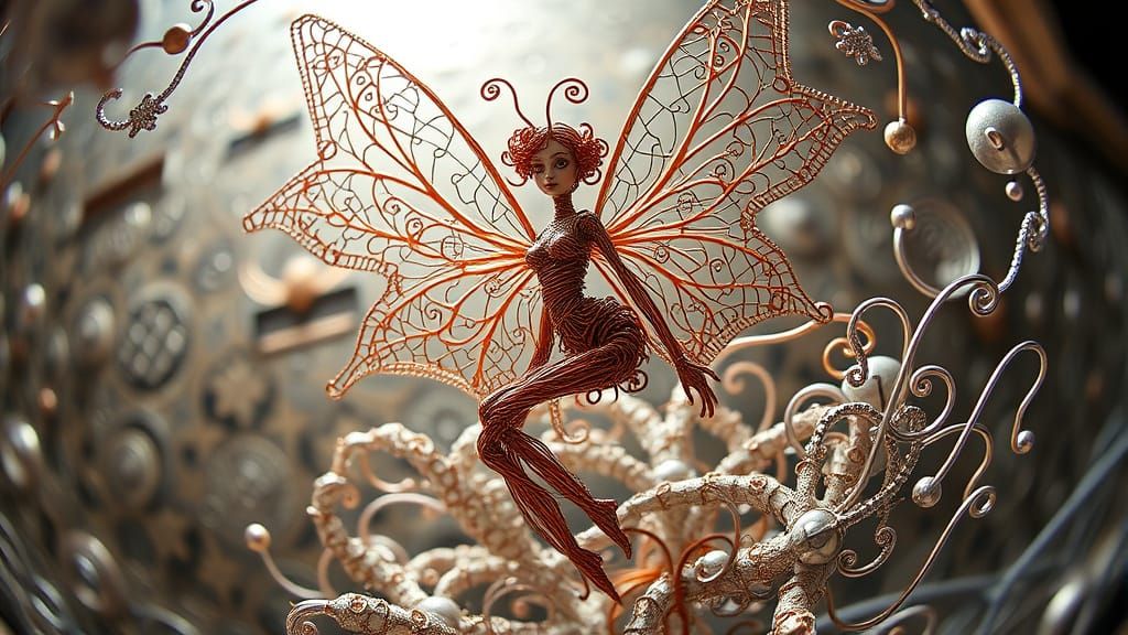Abstract Wire Fairy Sculpture with Filigree and Fisheye Dist...