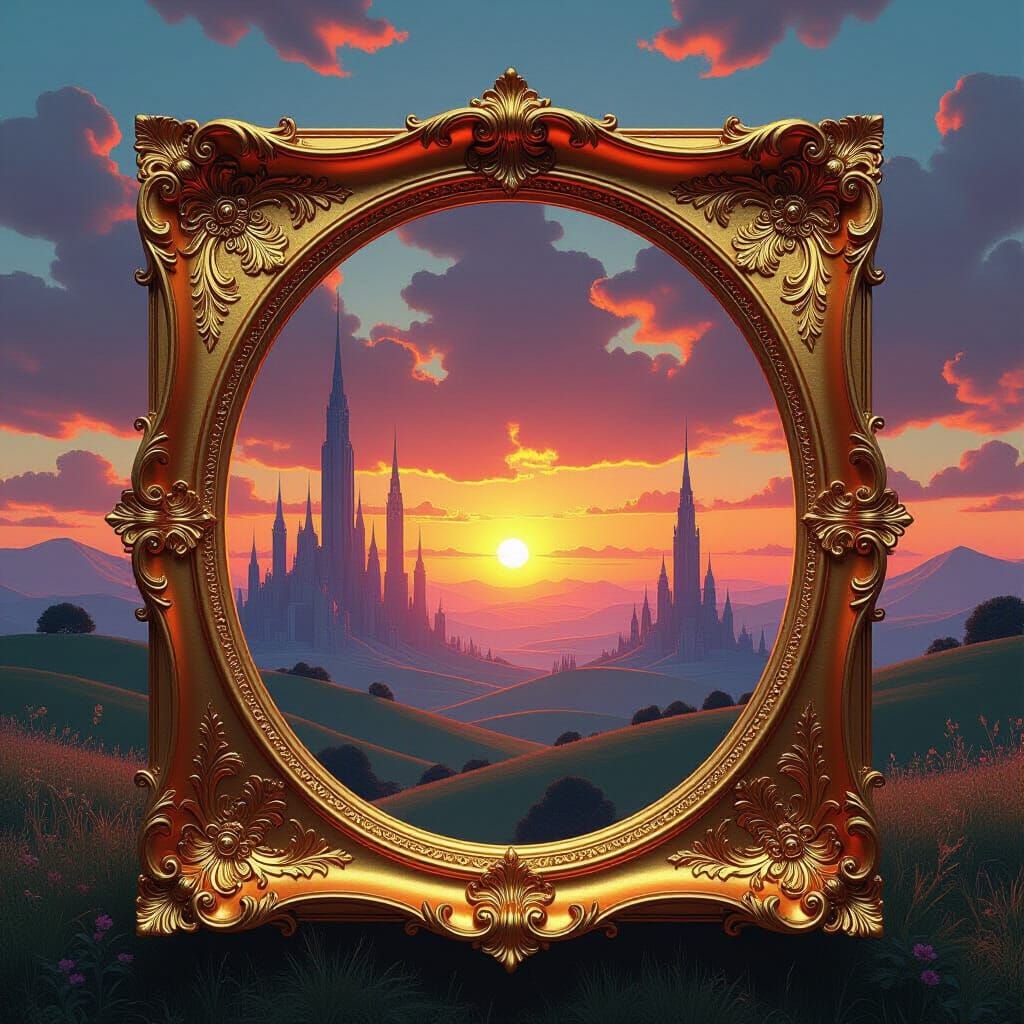 Sunset Over Fantastical Landscape in Ornate Victorian Frame
