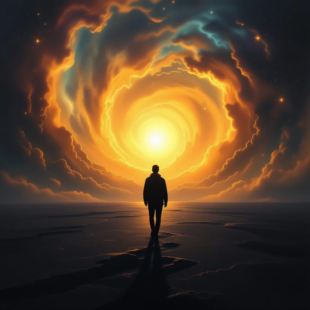 Person Becomes Sunrise, Emanating Cosmic Light