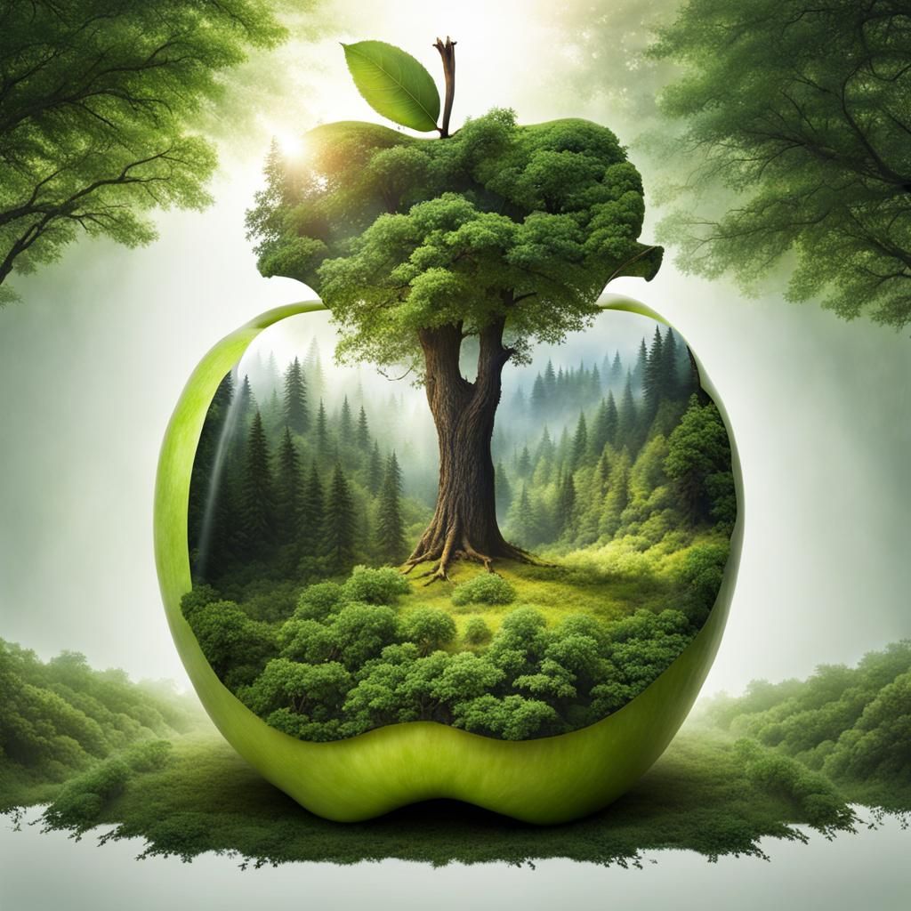 Forest and Apple Crown: Double Exposure Fantasy