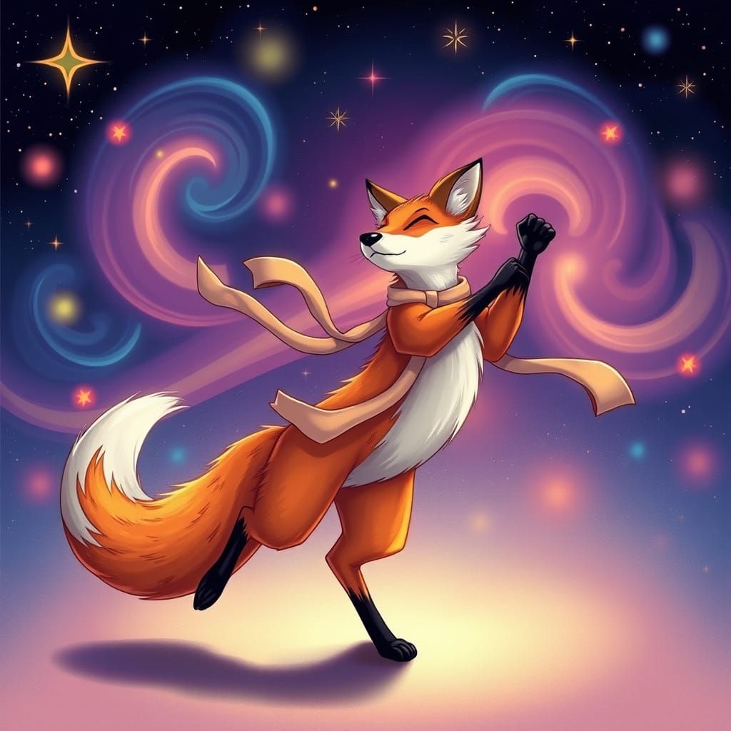 Whimsical Fox Dances Under Starry Night Sky