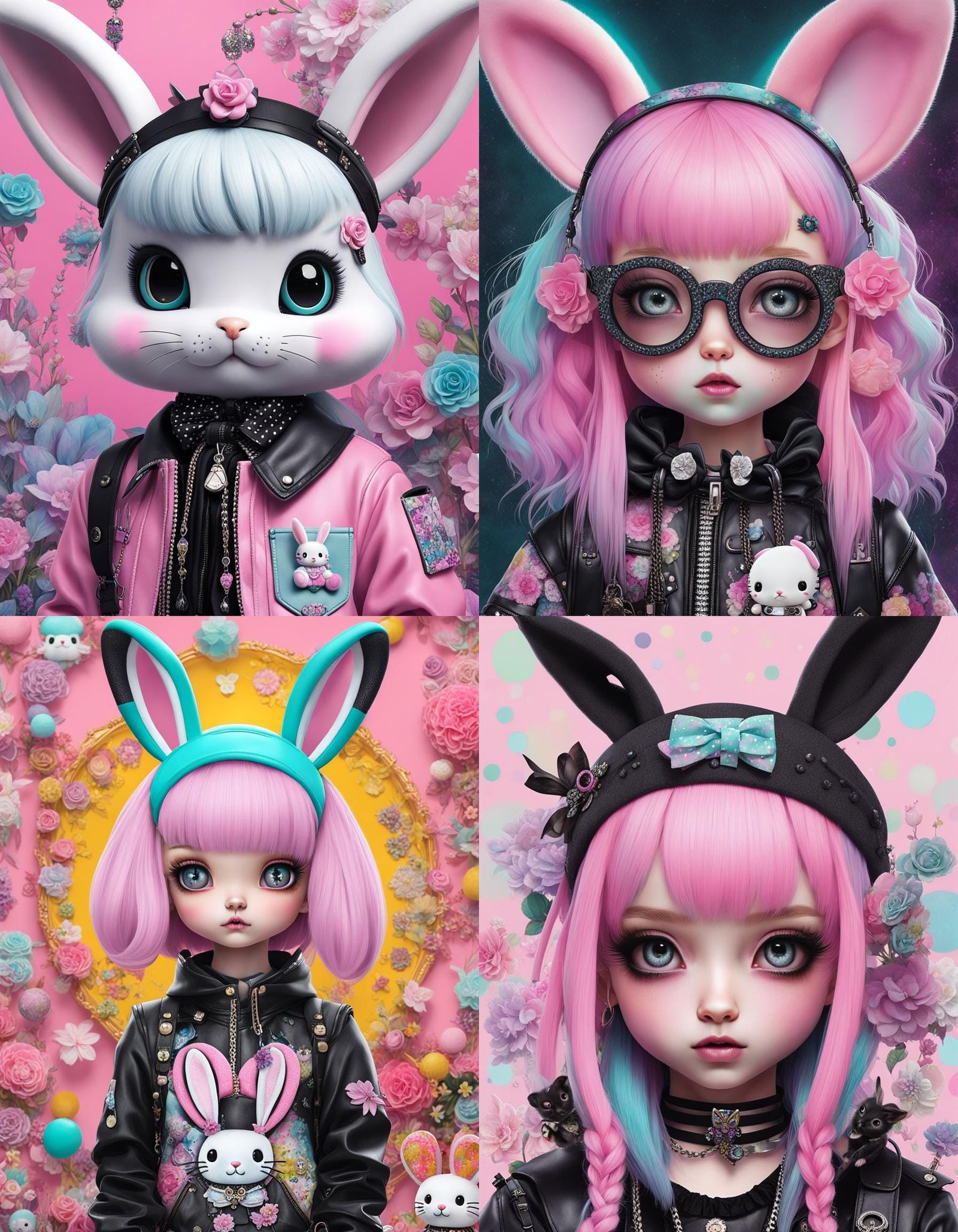 Pastel Goth Sanrio Bunny Portrait in Mixed Media Collage