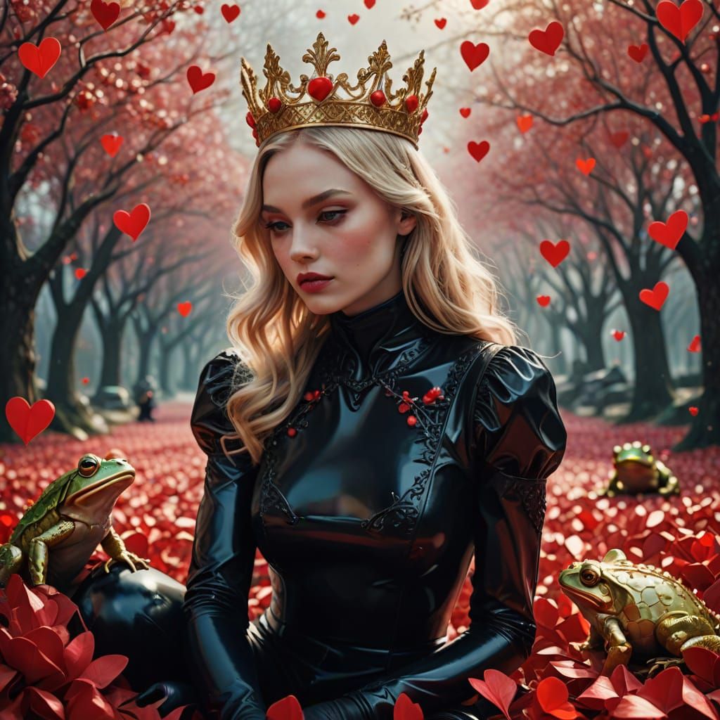 Surreal Portrait of Blond Woman in Latex Catsuit Kissing Fro...