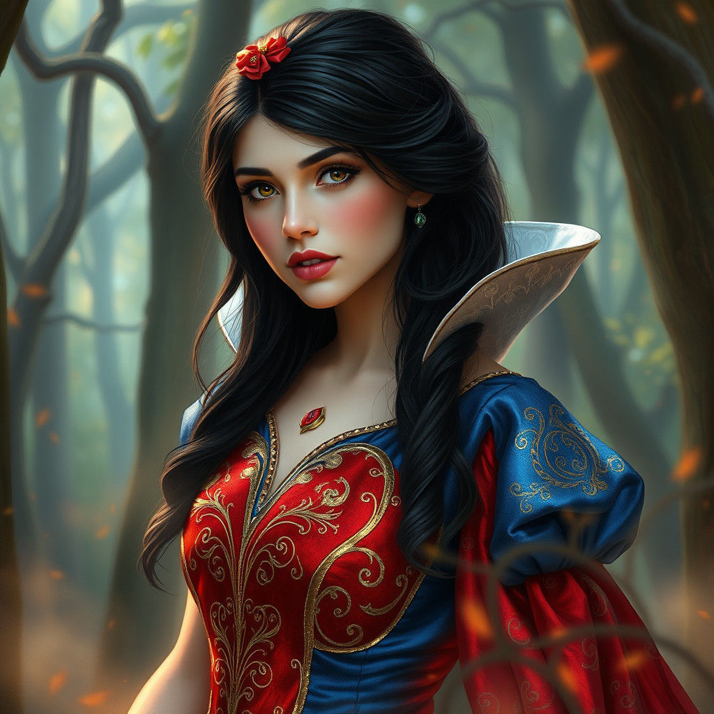 Snow White in Crimson and Blue Gown, Fantasy Art