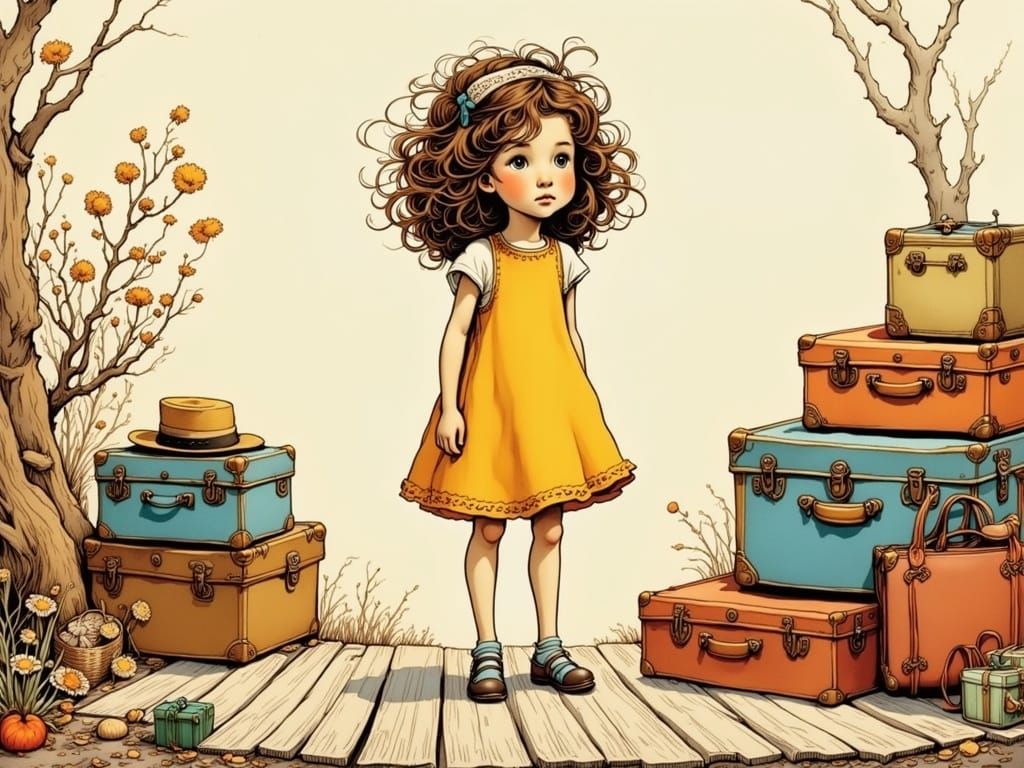 Girl Awaits Arrival: Whimsical Folk-Art Illustration