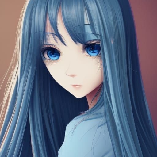 Anime Portrait of Cute Girl with Blue Eyes
