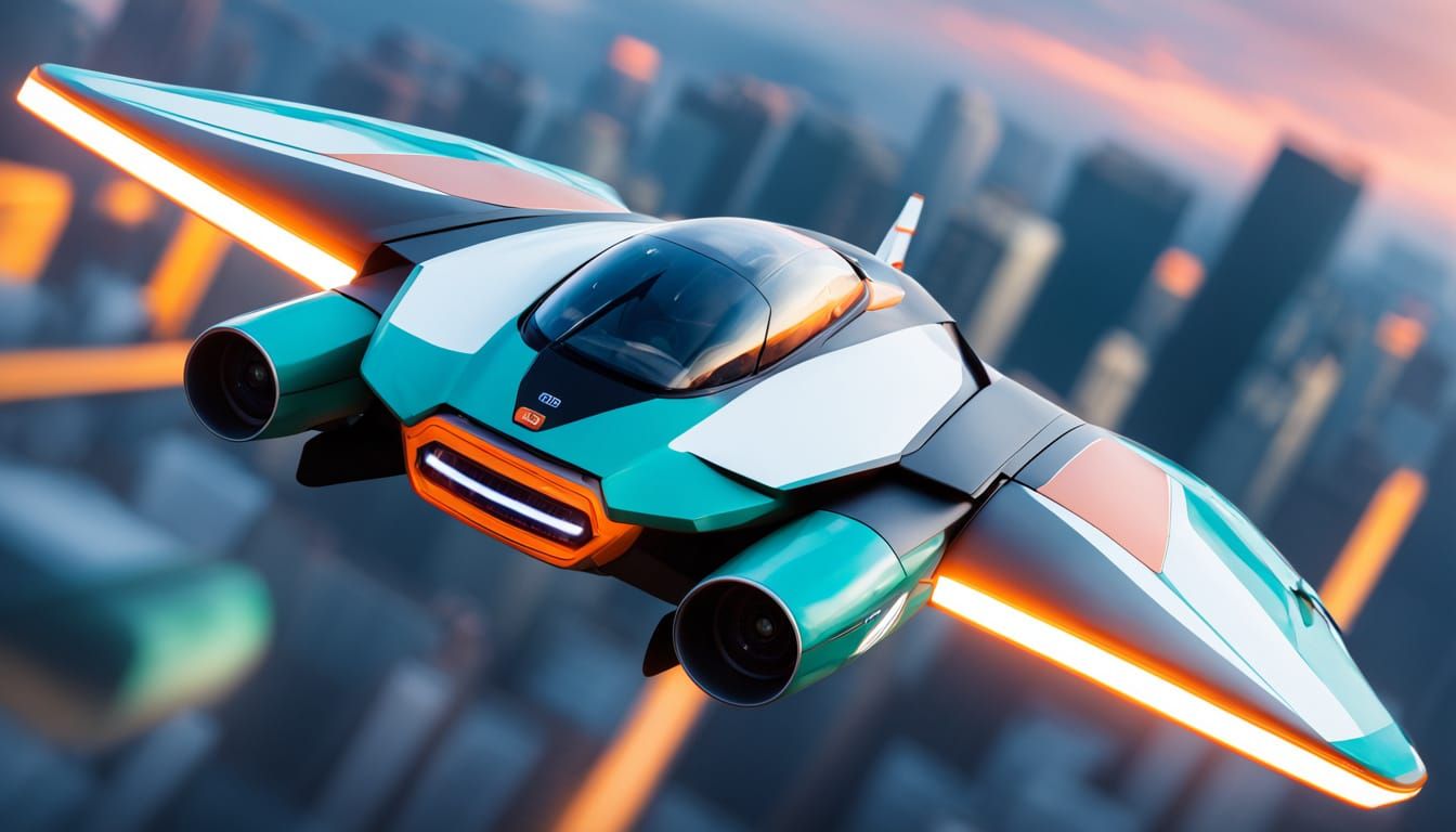 Cyber Flying Hover Vehicle in Futuristic Cityscape