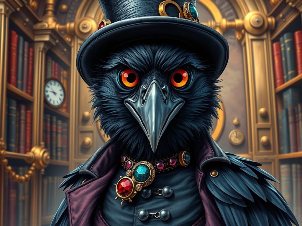 Steampunk Crow in Elegant Fashion within a Luxurious Library...