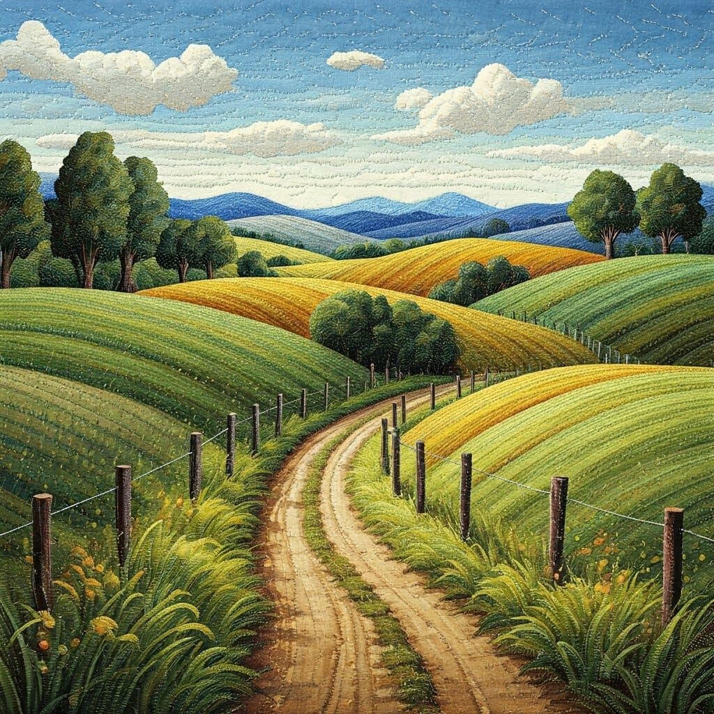 Rural scene made of sewn Patchwork