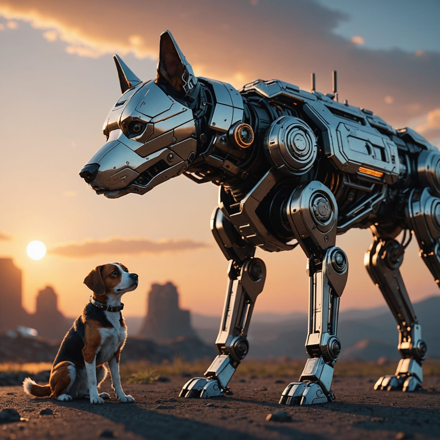 Dog Watching Sunset with Sci-Fi Details