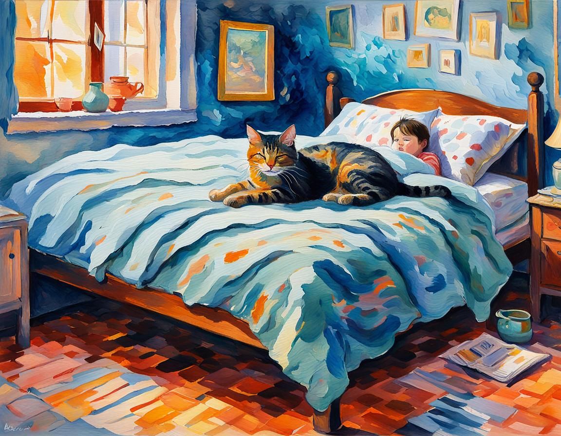 Cat Spirit Over Sleeping Child in Gouache Style