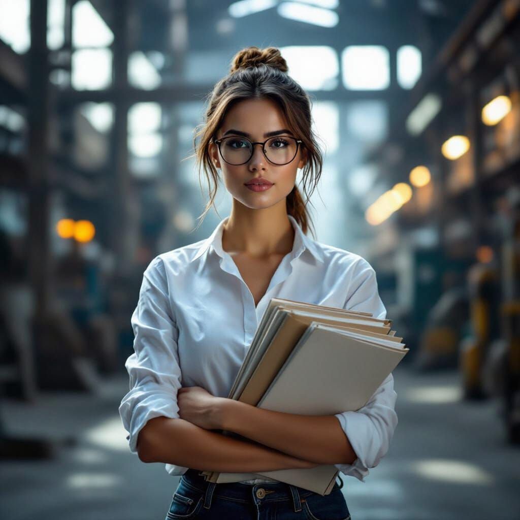 Woman With Glasses Holds Projects at Factory