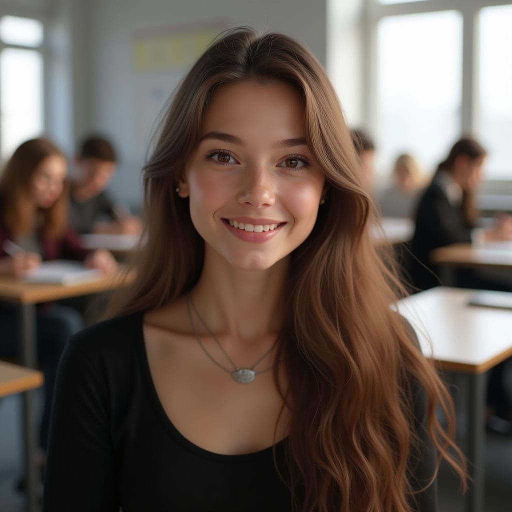 Young German Woman Smiles in Modern Classroom Setting