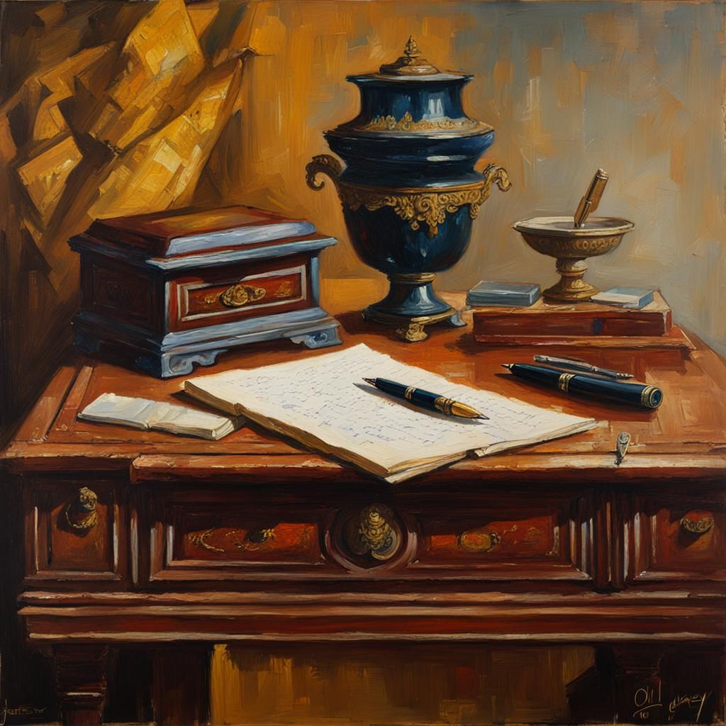 Classical Desk with Letters, Oil Painting