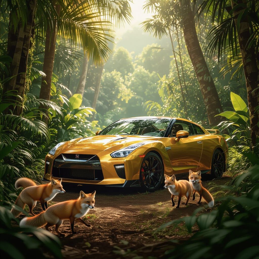 Golden Nissan GTR in Jungle with Foxes