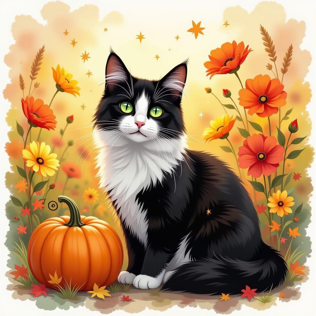 Black and White Cat with Green Eyes in Fall Flowers