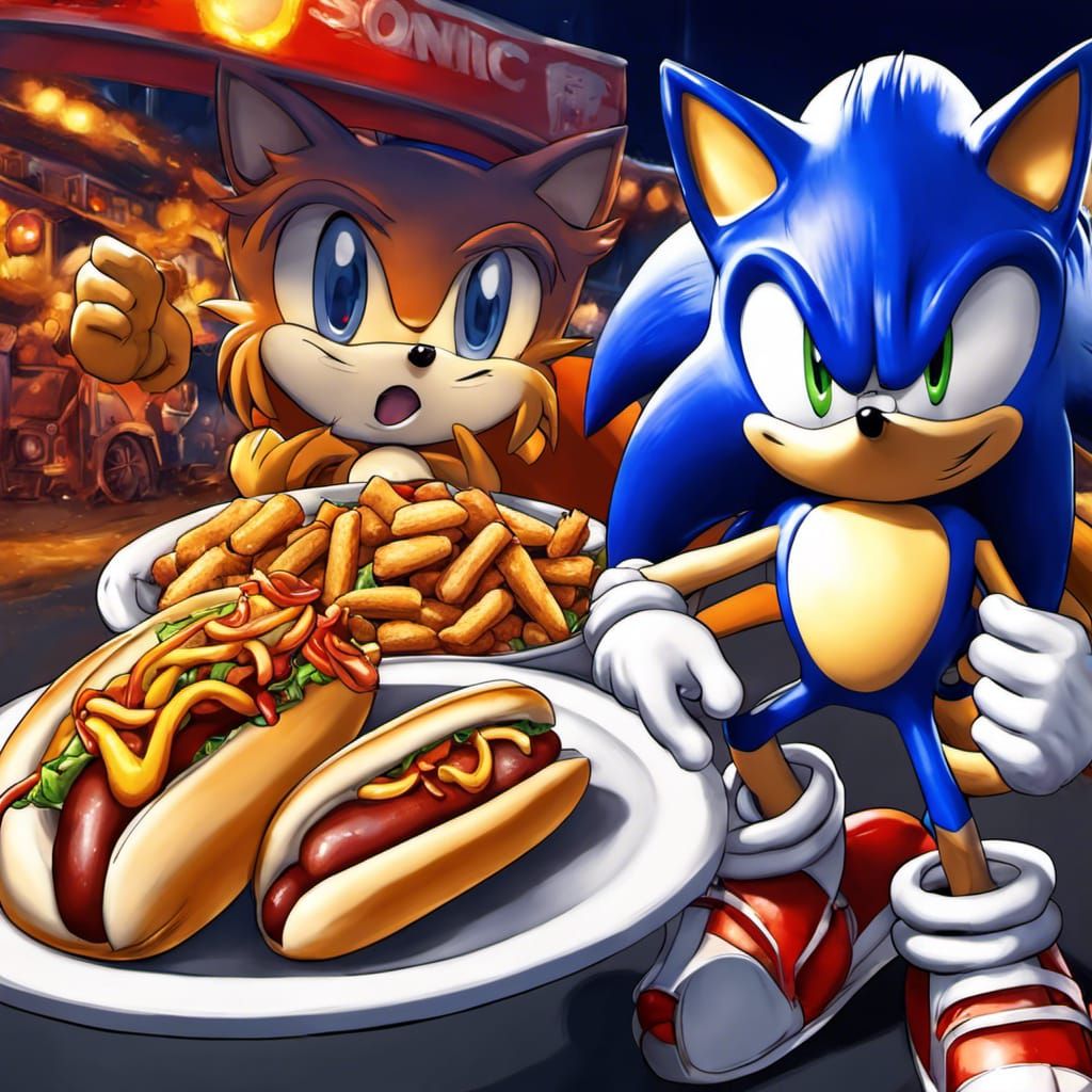 Sonic and Tails Eating Chili Dogs in Anime Style