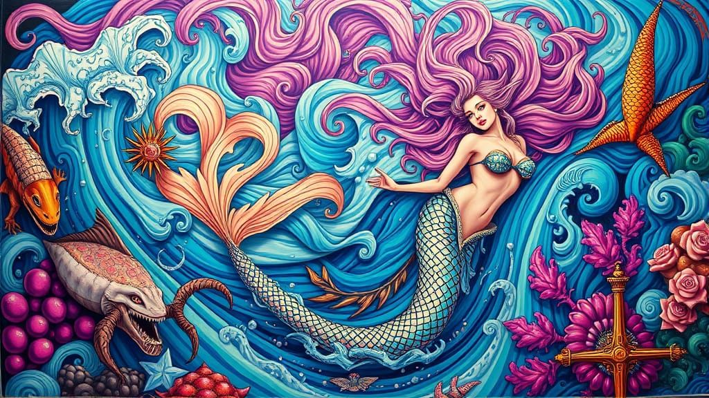 Mermaid Queendom Mural in Comic Book Style