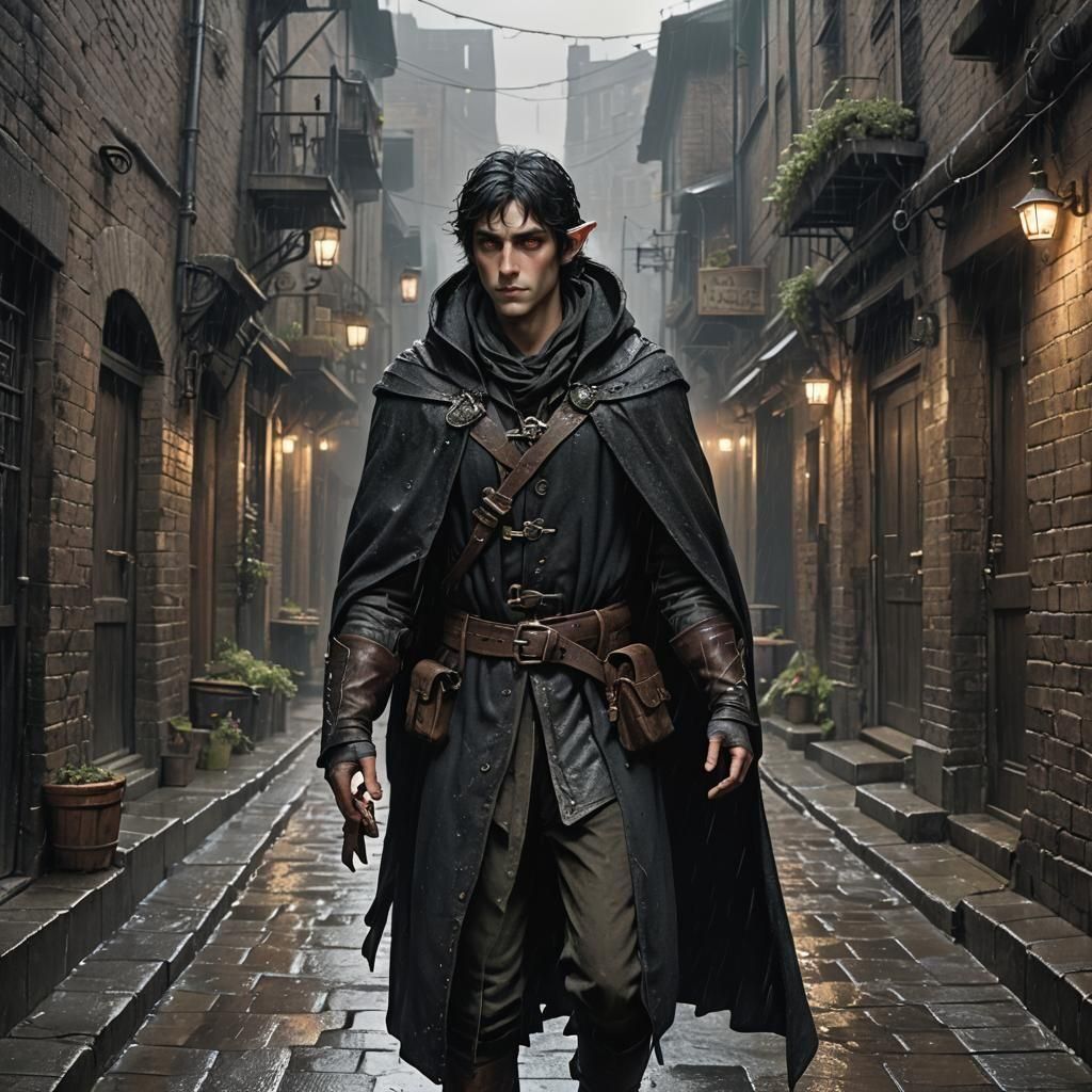 Half-Elf with Scars in Dark Fantasy Alley