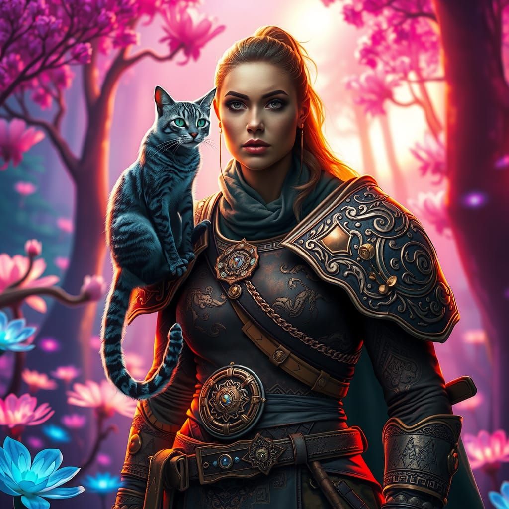 Ancient Warrior Goddess with Mystical Forest Companion