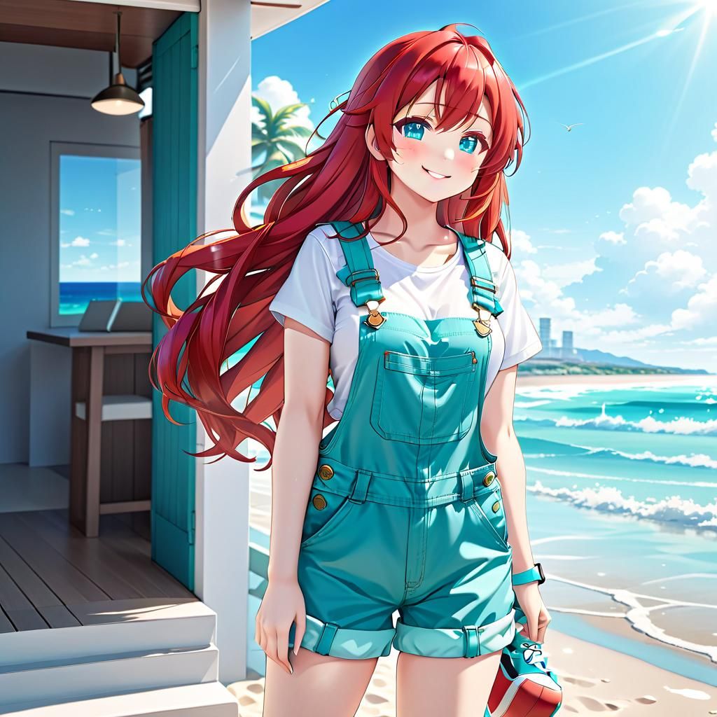 Anime Chibi Girl in Aqua Overalls on Beach