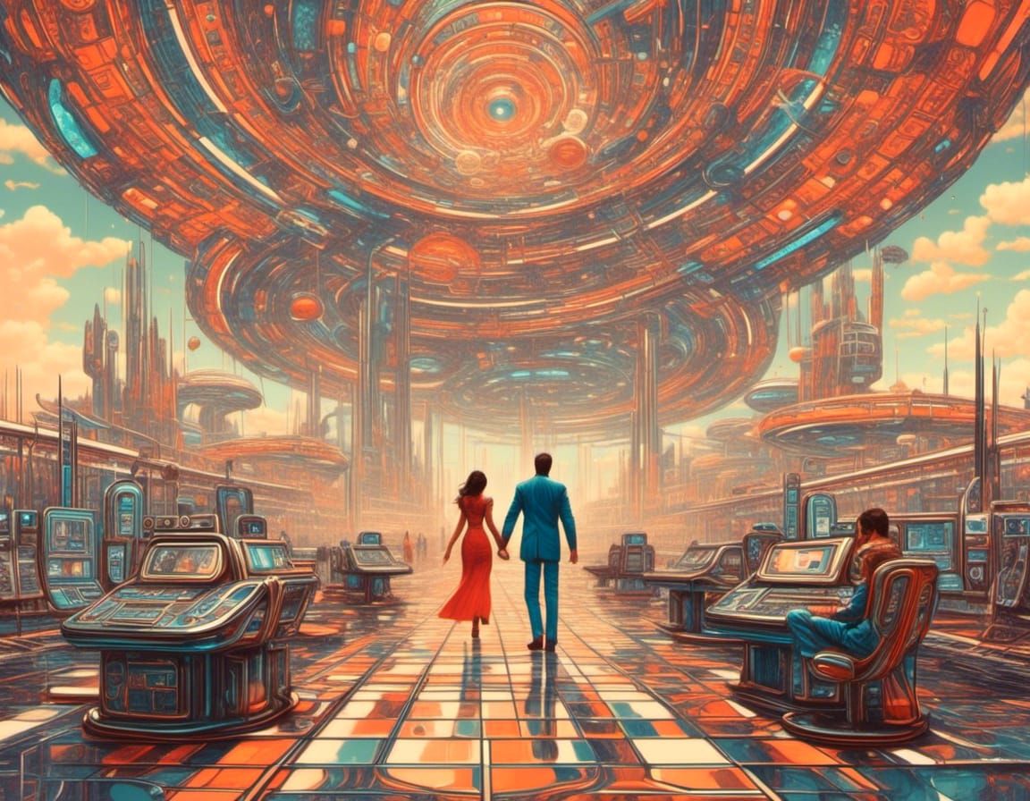 Surreal Embrace in Retro Sci-Fi Utopia