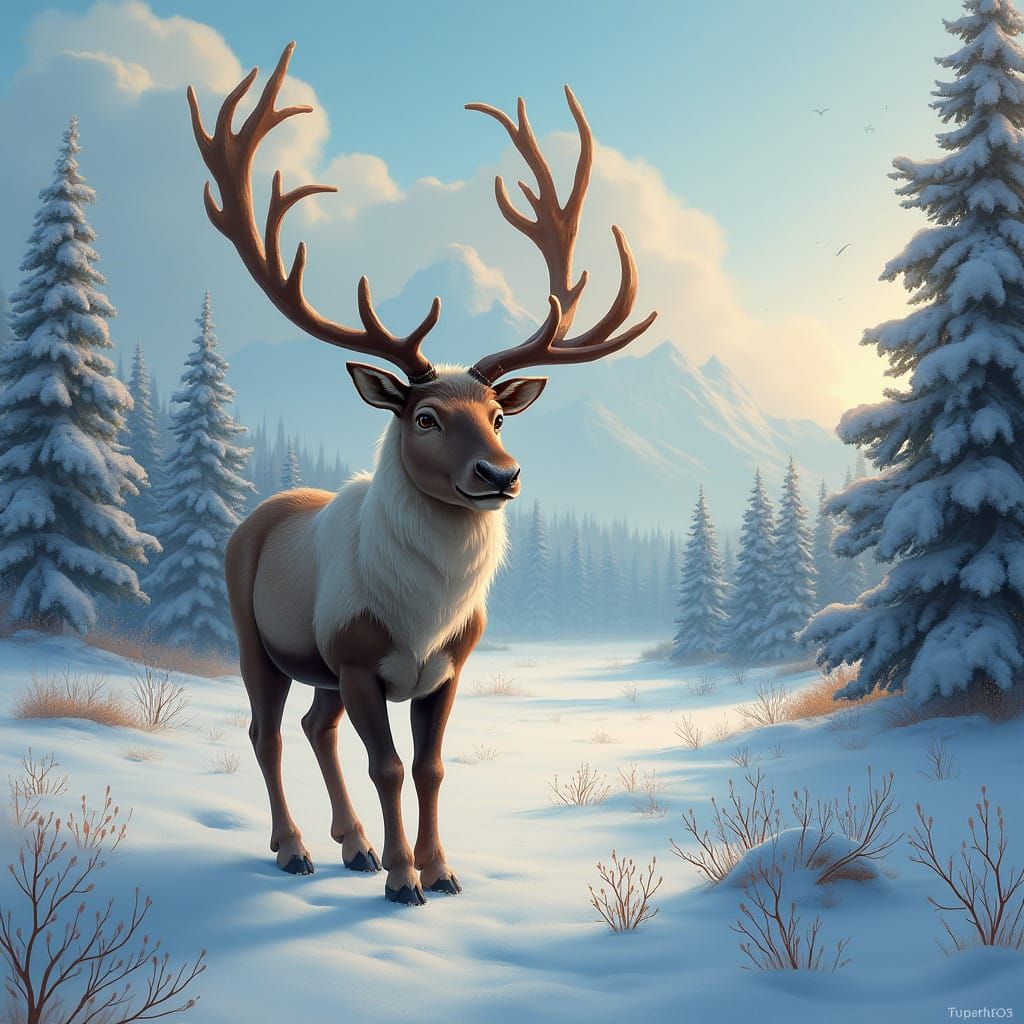 Majestic Reindeer Amidst Frosty Mountainscape
