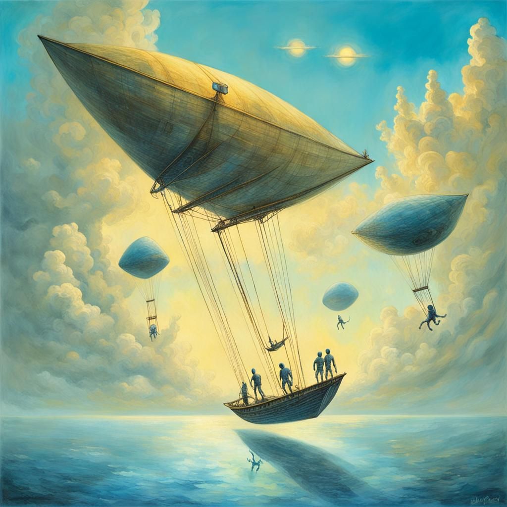 Grey Aliens on Flying Sailboat: Surrealist Pastel Art