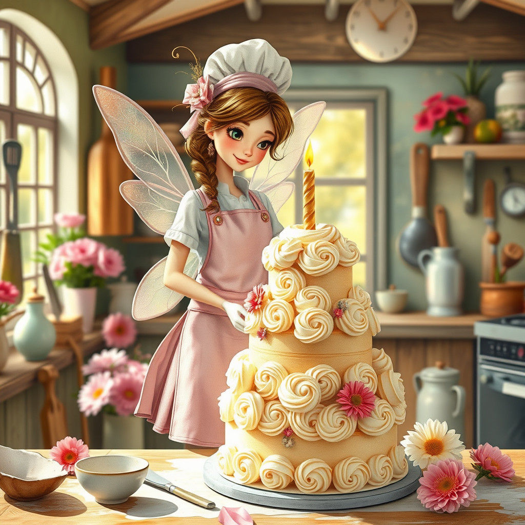 Fairy Chef Creates Birthday Cake, Watercolor Style