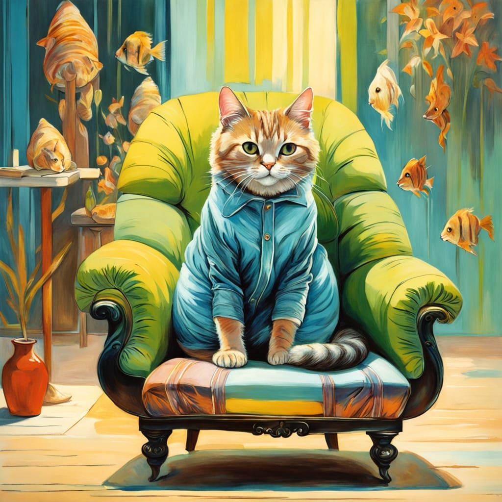 Cute Cat Relaxing in Home Interior, Chalk Art Style