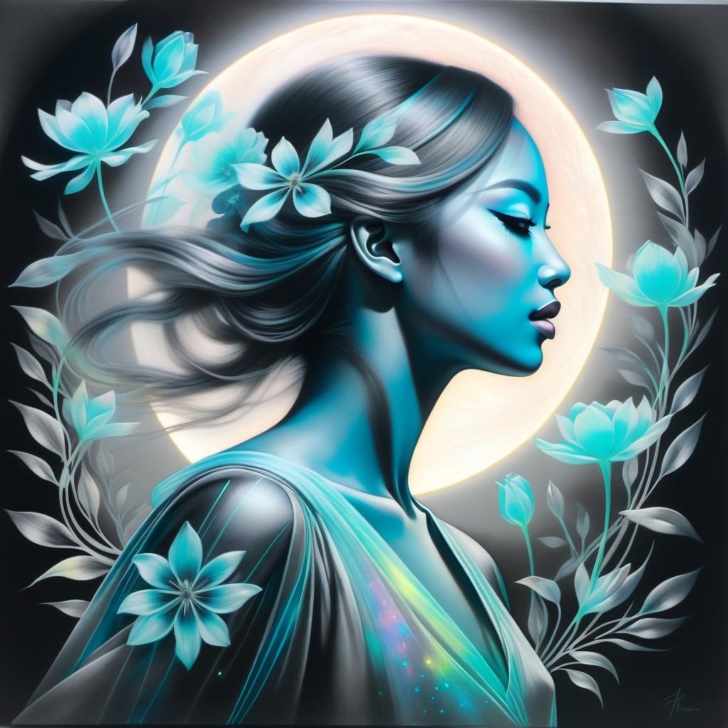 Bioluminescent Dancer in Moonlight: Pastel Charcoal Drawing