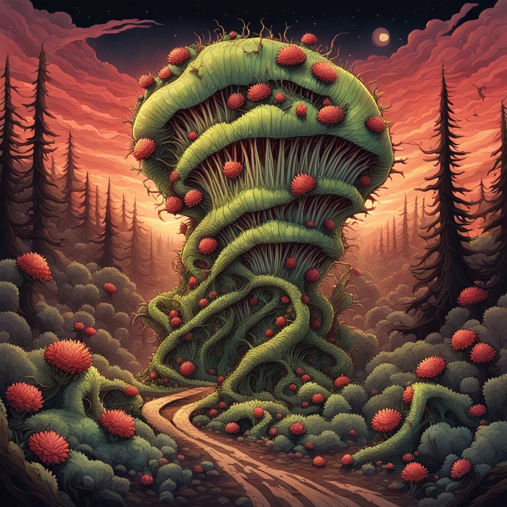 Bioluminescent Botanical Nightmare in Fractal Landscape