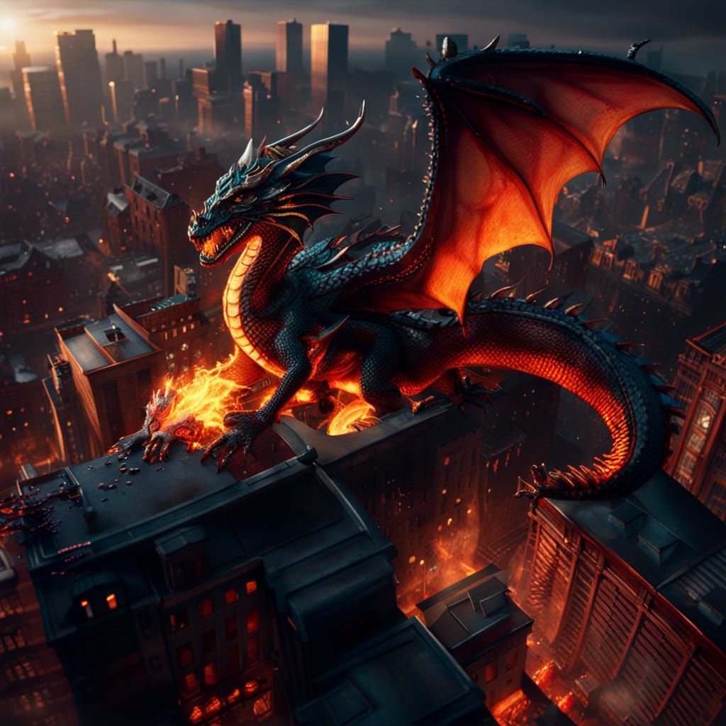 Dragon Unleashes Fiery Breath upon Boston: Detailed Matte Pa...