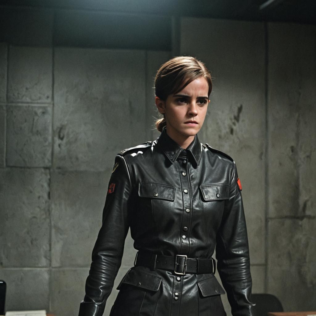 A full-body image of Emma Watson, angry face, dressed in a tight leather German military uniform, leather gloves, tight ...