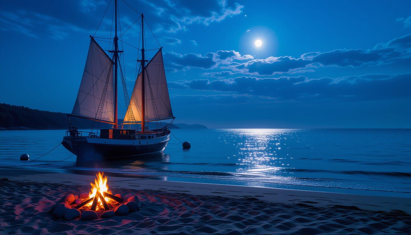 Moonlit Schooner Anchored in Summer Bay