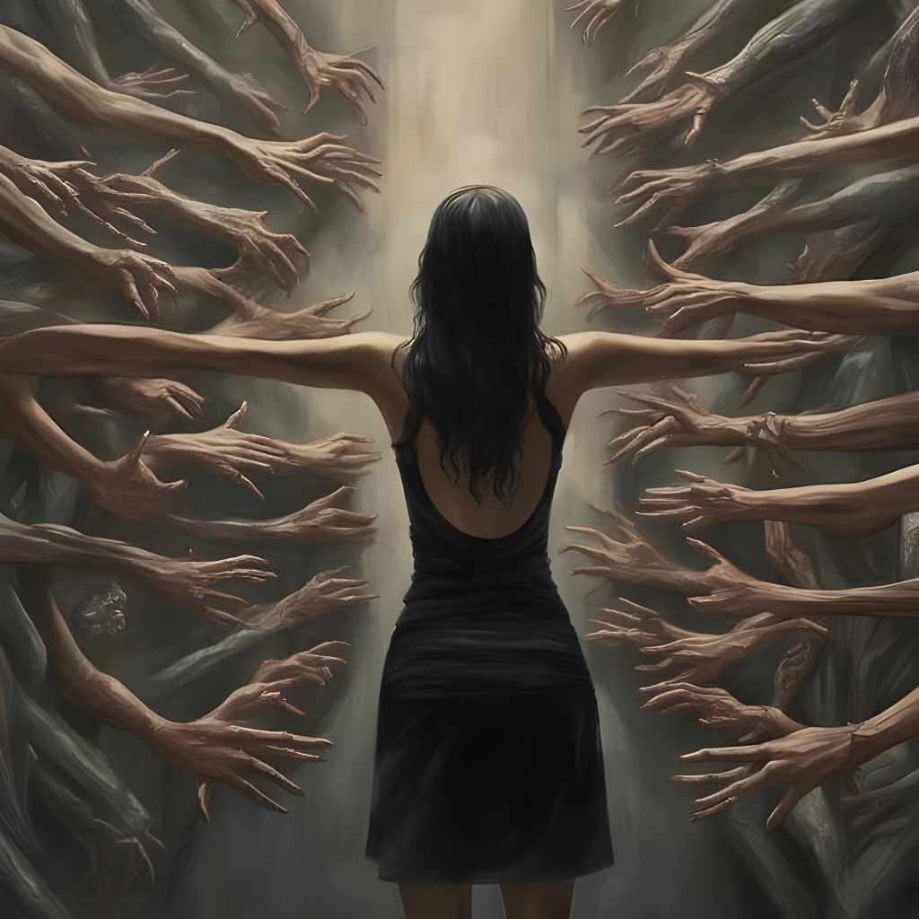 Surreal Woman Surrounded by Arms, Photorealistic Style