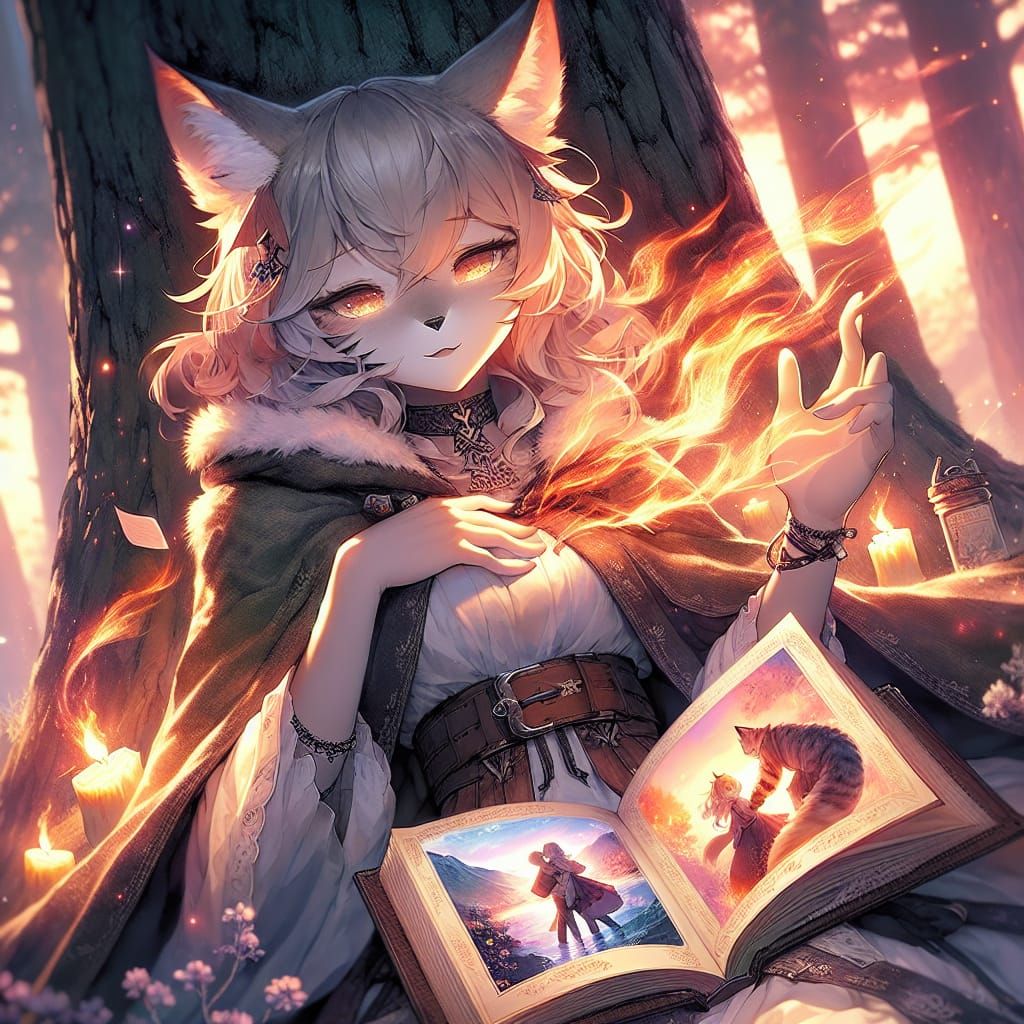 Anime Lynx Reading a Book of Romantic Visions