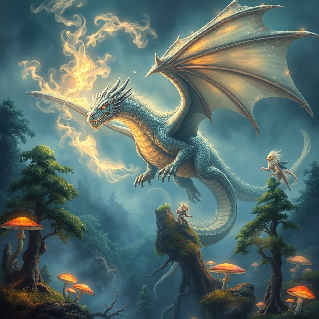 Dragon Soars Over Whimsical Fantasy Forest