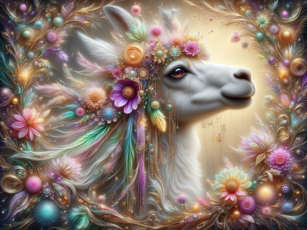 Majestic Llama in Floral Crown with Fractal Lace Adornments