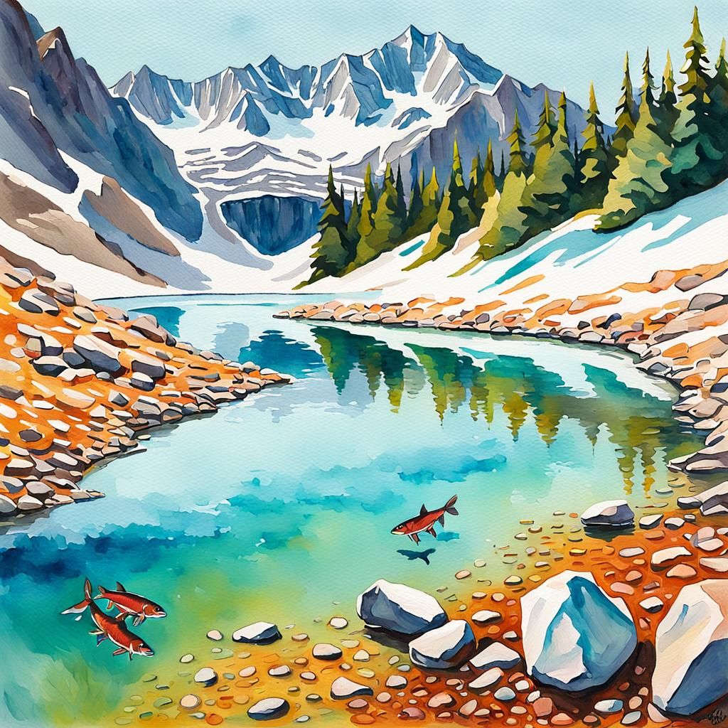 Glacial Lake: Vintage Gouache Impressionist Masterpiece