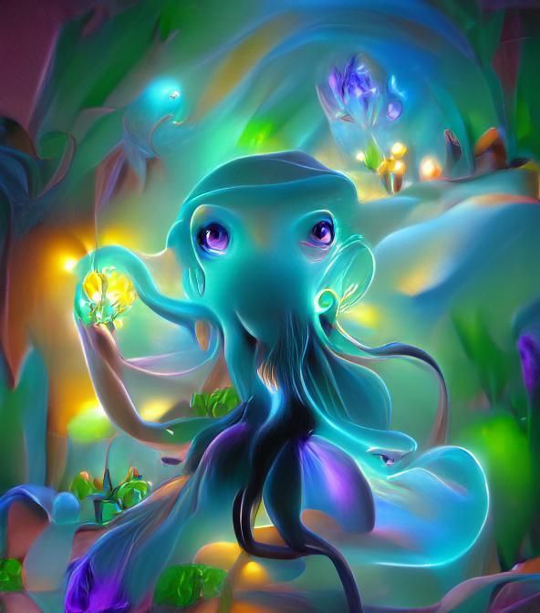 Friendly Bioluminescent Cthulhu in Whimsical Fantasy Art