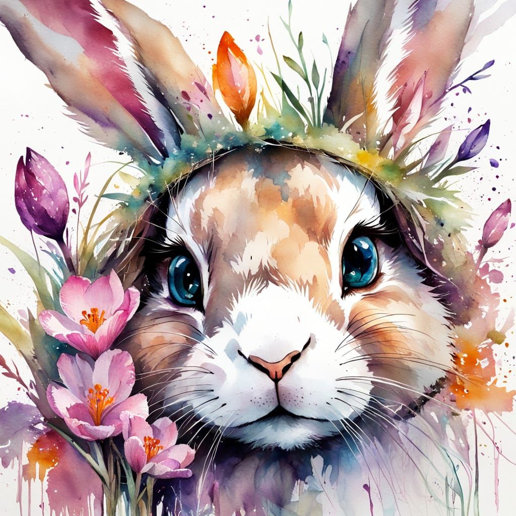 Bunny Peeking Through Crocus Flowers, Expressive Watercolor