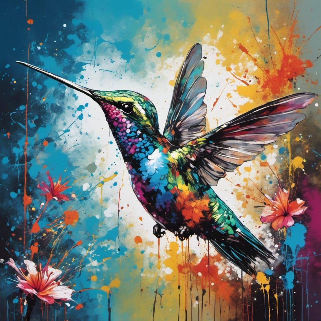 Hummingbird and Trumpet Flower in Splatter Graffiti Style