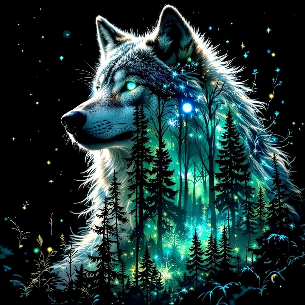 Bioluminescent Forest Wolf in Double Exposure