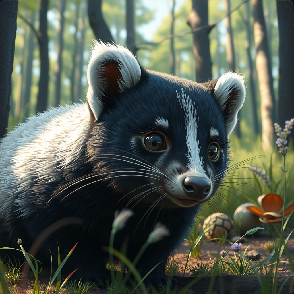 Skunk, edge forest, close-up, oil, alcohol ink brushstrokes realistic cinematic 3d vivid colors intricate details