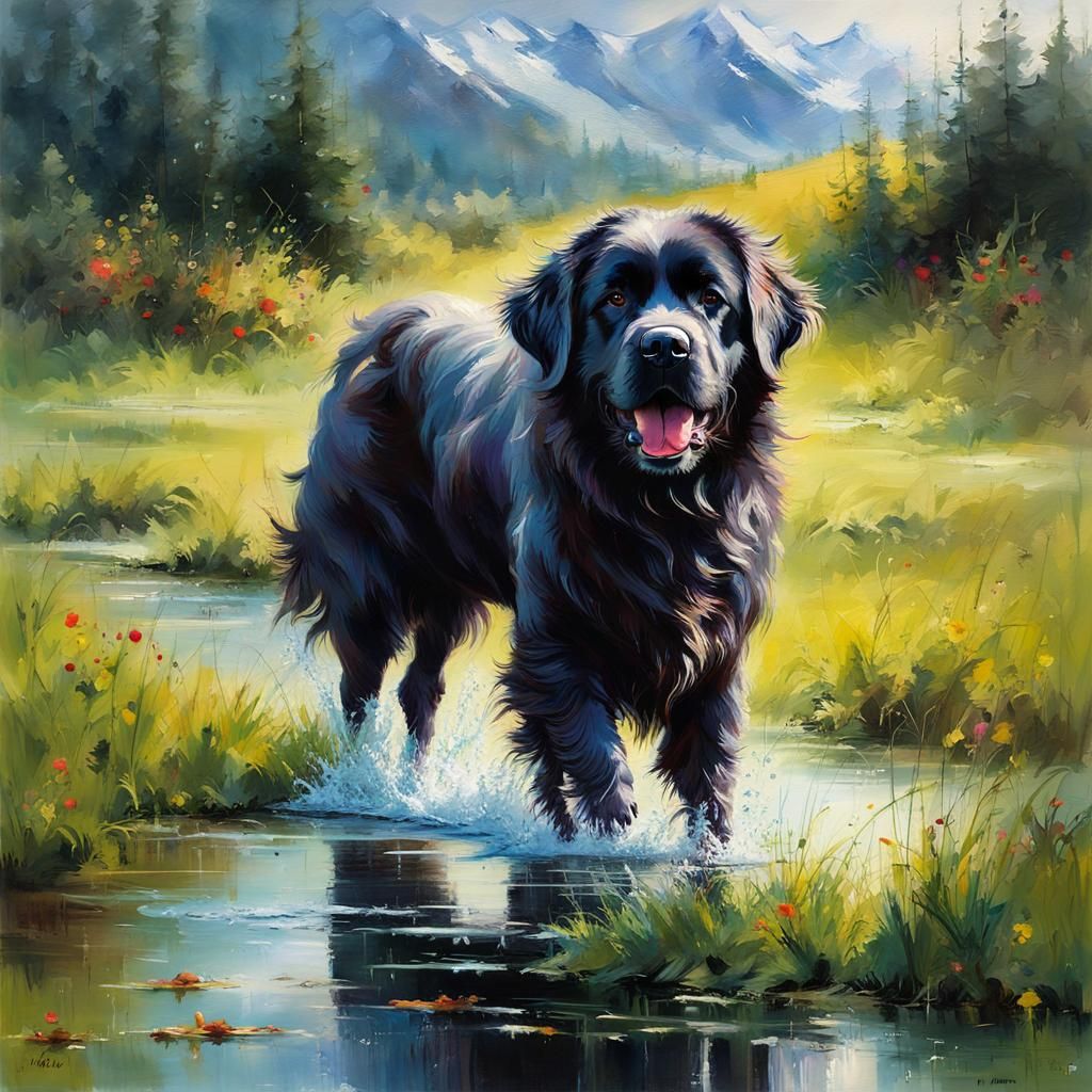 Cute Newfoundland Dog in Meadow, Detailed Matte Painting